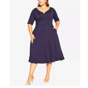 City Chic Dress Women Size 14 Navy Blue Elbow Sleeve Pockets